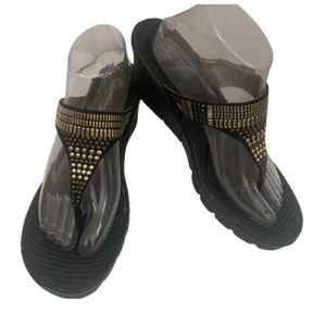 Skechers Womens Y2K Black Gold Sandals Wedge Gold Metal Slip on Size 10